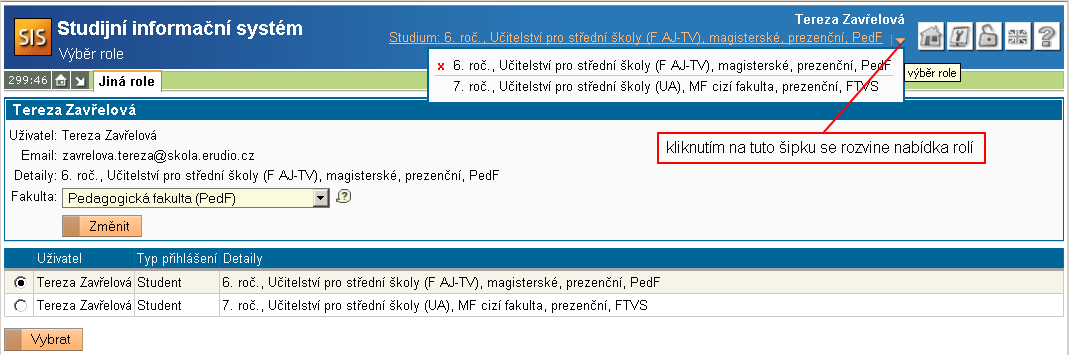  Výběr z přidělených rolí